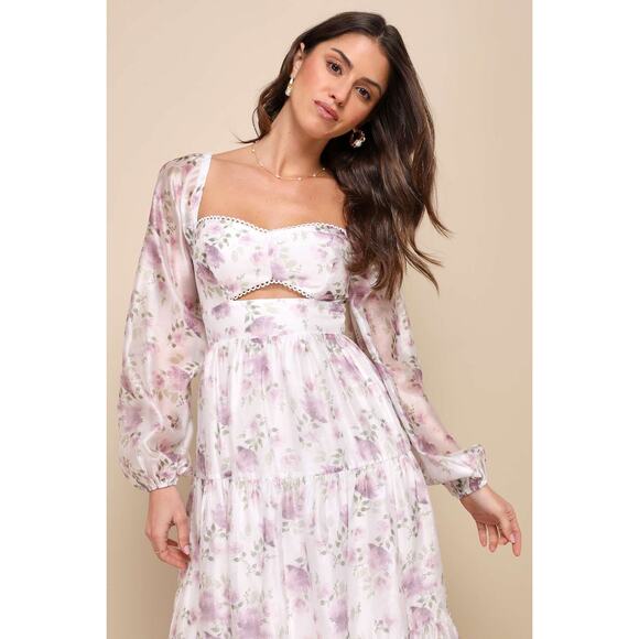 NWT Lulus Radiant Afternoon Ivory Floral Cutout Tiered Midi Dress Wedding Size S - Picture 7 of 8